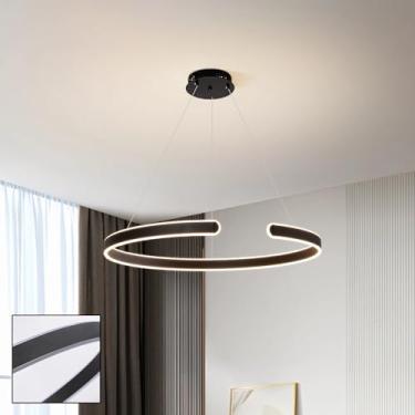 Imagem de Lustre LED suspenso em formato de anel, com controle remoto e intensidade regulável, ideal para sala de jantar, escritório, bar e quarto. Luminária pendente moderna (preta, 80 cm).