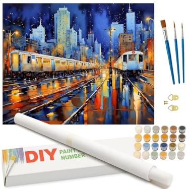 Imagem de Kit de pintura de paisagem urbana por números para adultos – Pintura de trens noturnos de metrô e luzes da cidade enrolada em tela 40,6 x 50,8 cm, conjunto de tinta acrílica para iniciantes, arte