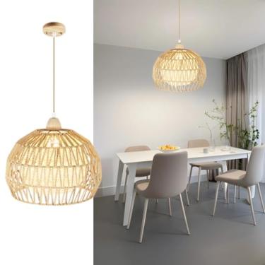 Imagem de Luminária pendente boho trançada em rattan, estilo vintage, para mesa de jantar, ajustável com soquete E27, lustre com cúpula de rattan para sala de estar, quarto, sala de jantar, cozinha, c