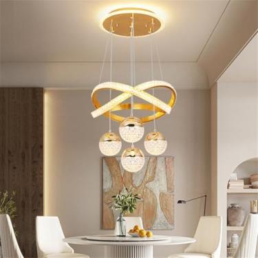 Imagem de Lustre de mesa de jantar LED com 4 chamas, moderno e sofisticado, com anel de cristal em acrílico, dimerizável, controle remoto, ideal para sala de jantar e cozinha (Dourado)