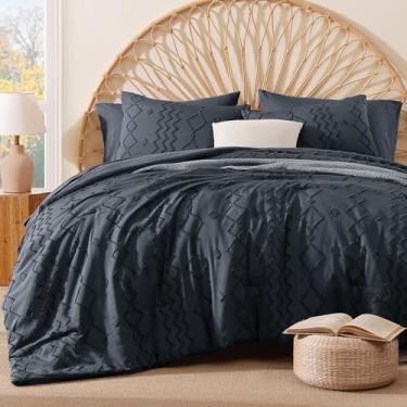 Imagem de AMBERSPACE Conjunto de edredom casal, azul marinho, tufado, boêmio, casa de fazenda, todas as estações, 7 peças, cama em uma bolsa com lençóis, fronhas e fronhas