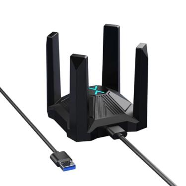 Imagem de Adaptador WiFi USB para PC, adaptador WiFi 6, dongle WiFi, velocidade máxima de 1986Mbps, latência ultrabaixa, adaptador de rede sem fio de banda tripla com antenas de alto ganho de 2,4 GHz - 6 GHz