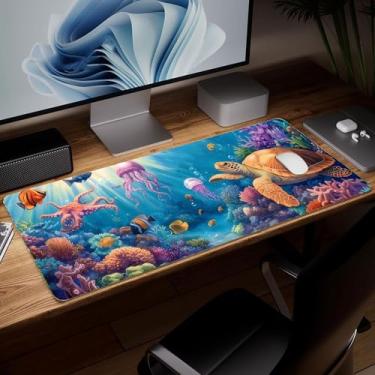 Imagem de Tapete de mesa de couro tartaruga marinha, mouse pad de arte colorida grande teclado de computador para jogos mousepad à prova d'água protetor e capa de mesa, tapete decorativo de couro PU para laptop