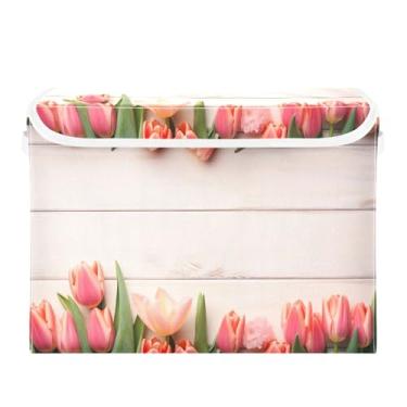 Imagem de Burbuja Caixa de armazenamento de madeira tulipas com tampa e alças, grande caixa de armazenamento dobrável para prateleiras armário quarto escritório organizador