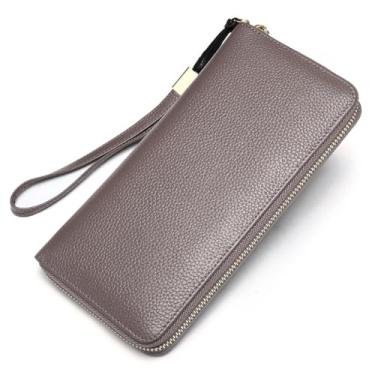Imagem de THJKUPO Bolsa de couro feminina, carteira longa de couro, bolsa de pulso feminina, carteira de couro longa com vários compartimentos, Cinza, As show