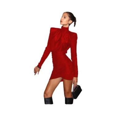 Imagem de Vestido Feminino Elegante De Gola Alta Com Ombreiras, Franzido, Justo 