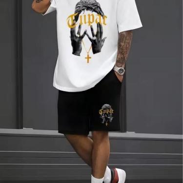 Imagem de Kit Roupa Masculina Tupac Rapper Camisa Camiseta e Short Tactel Visual