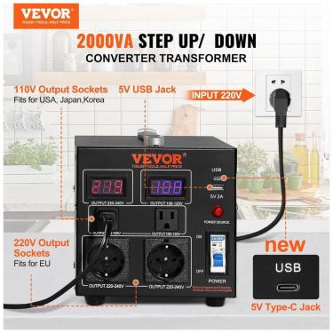 Imagem de Transformador (Conversor) de Voltagem VEVOR 2000W Elevação/Redução 110V para 220V/220V para 110V 2 US 2 EU USB Type-C 2 LED CE FCC