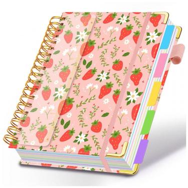 Imagem de Caderno universitário espiral HDhuiun 8x10, 5 matérias, 300 páginas pautadas, divisórias com bolsos e abas, capa rosa com morangos