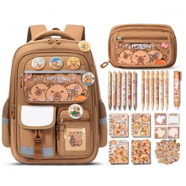 Imagem de Mochila Fimibuke Capivara para Meninas com Estojo e Kit Escolar Completo 28 Peças