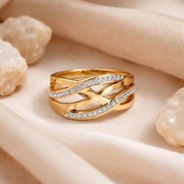 Imagem de Anel Ajustável Dourado Aros Trançados com Zircônias Aço Inox - Lys Laz