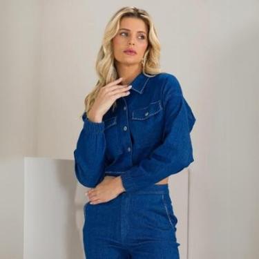 Imagem de Jaqueta Feminina Jeans Cropped Strass Manga Longa Elastico Fecho em Botão Gola Tradicio...