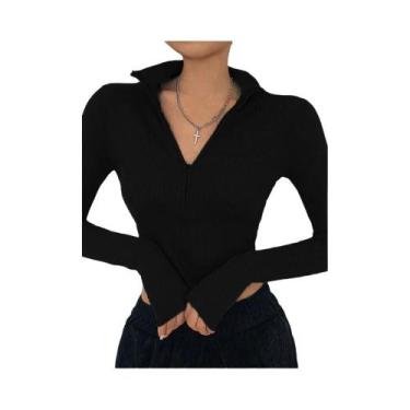 Imagem de Blusa Cropped Feminina De Manga Longa Com Gola Alta, Cor Sólida, Estil