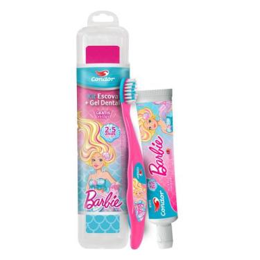 Imagem de Kit Escova + Gel Dental Condor Kids Barbie com Flúor Tutti Frutti 50g 