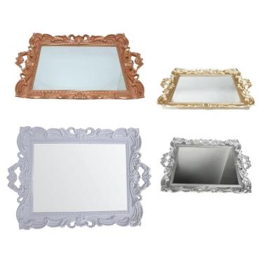 Imagem de Bandeja rose prata dourada espelhada decorativa quarto lavabo metalizada espelho com alca