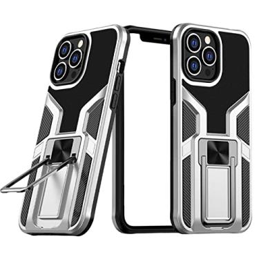 Imagem de LAHappy Capa à prova de choque para iPhone 13 Pro Max/13 Pro/13/13 Mini, capa protetora traseira de silicone rígida com suporte de anel, compatível com suporte magnético para carro, prata, 13 de 6,1 polegadas