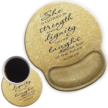 Imagem de Mouse pad ergonômico com suporte de pulso de gel para trabalho em casa, escritório, mouse pad confortável antiderrapante para facilitar a digitação, alívio da dor, provérbios 31:25, mouse pad versículo da Bíblia dourado cintilante