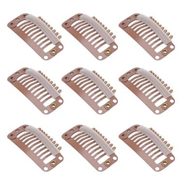 Imagem de Grampos de extensão de cabelo, conjunto de 40 peças de grampos de peruca de cabelo 9 dentes seguram firmemente a extensão de cabelo grampo de cabelo de aço inoxidável de 32 mm com clipes de extensão de cabelo de pressão de borracha acessórios DIY para (marrom claro)