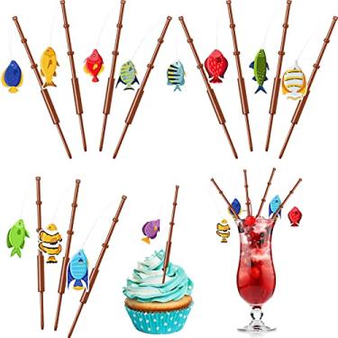 Imagem de 36 peças mini palhetas de vara de pesca pequeno pescador palhetas de cupcake pesca suprimentos de festa de aniversário topo de bolo de peixe picaretas tropicais decorações de coquetel para bebidas tema de chá de bebê lembranças de festa