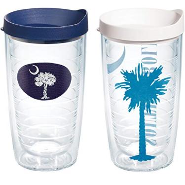 Imagem de Tervis Copo de viagem com a bandeira da Carolina do Sul feito nos EUA com parede dupla isolada mantém as bebidas frias e quentes, 473 ml, 2 unidades, azul-marinho e branco