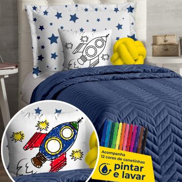Imagem de Kit Cobre Leito Solteiro Infantil Colors Foguete c/ Almofada para Colorir 7 Peças - Azul