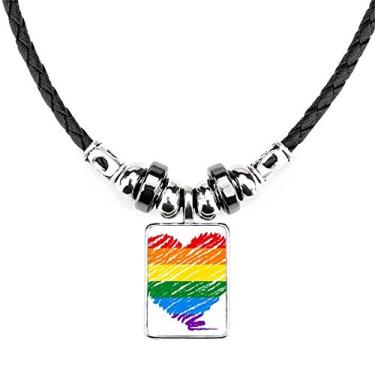 Imagem de DIYthinker Colar Rainbow Gay LGBT Coração LGBT Joias Torque Pingente de corda de couro