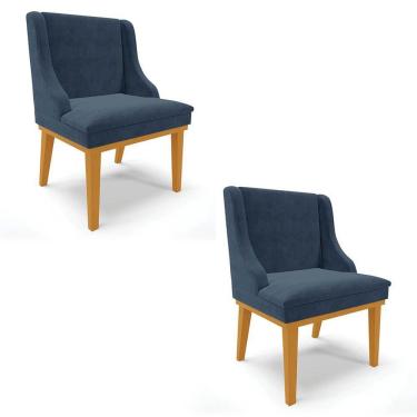Imagem de Kit 2 Cadeiras Estofadas Para Sala De Jantar Base Fixa De Madeira Castanho Lia Suede Azul-Ibiza