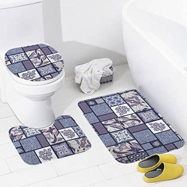 Imagem de Conjunto de tapetes de banheiro 3 peças abstratas feitas à mão floral marroquino lavável tapete antiderrapante tapete de contorno e tampa para banheiro