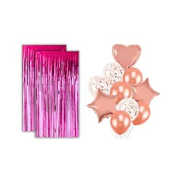 Imagem de Kit 2 Cortinas Metalizadas e 10 Balões Coração Estrela Metalizado Festa Decoração-Rosa Pink