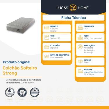 Imagem de Colchão Solteiro Espuma D45 Pillow Top Strong 88x188x24cm Cinza/Branco Hellen - Suporta...