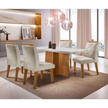 Imagem de conjunto de mesa de jantar retangular com tampo off white ane e 4 cadeiras bélgica veludo creme e imbuia