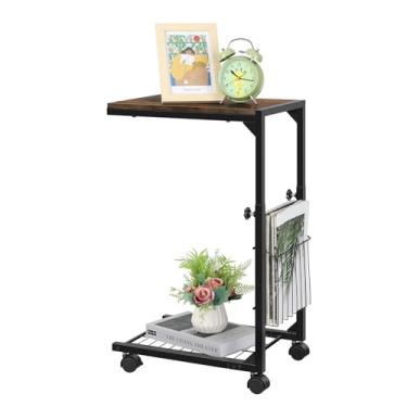 Imagem de Mesa lateral em forma de C com rodas mesa de canto para espaços pequenos mesa C altura ajustável sofá laptop mesas de lanche que deslizam para baixo para sala de estar quarto, marrom rústico