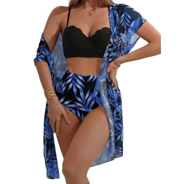 Imagem de MakeMeChic Biquíni feminino de 3 peças com cintura alta tropical push up com saída de quimono, Azul e preto., GG