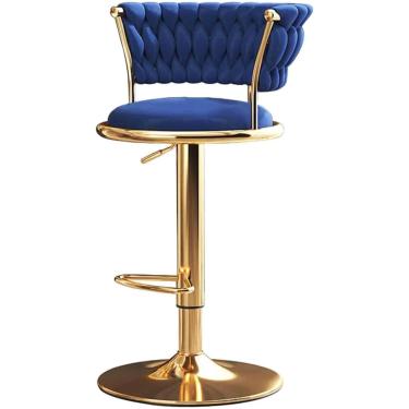 Imagem de Cadeira de bar giratória, com perna dourada e encosto estofado de veludo, para banco alto de balcão de cozinha de restaurante, altura ajustável 54-74 cm, azul