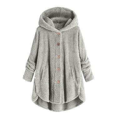 Imagem de Moletom feminino com capuz de lã com botão de manga comprida e bainha irregular assimétrica, roupas quentes de inverno, Cinza, 3G