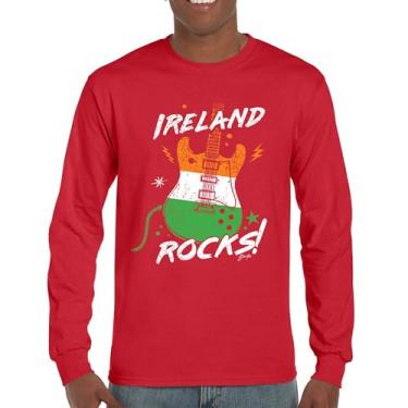 Imagem de Camiseta de manga comprida com bandeira de guitarra Ireland Rocks Dia de São Patrício Shamrock Groove Vibe Pub Celtic Rock and Roll cravo, Vermelho, 3G