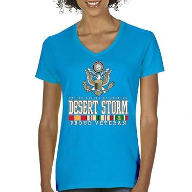 Imagem de Camiseta feminina Desert Storm Proud Veteran com decote em V American Army Gulf War Operation Served DD 214 Veterans Day Patriot Tee, Turquesa, P