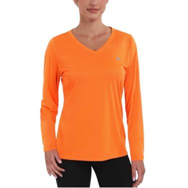 Imagem de Nepest Camisetas femininas FPS 50+ para sol dry fit atlético, corrida, manga comprida, gola V, Laranja, PP