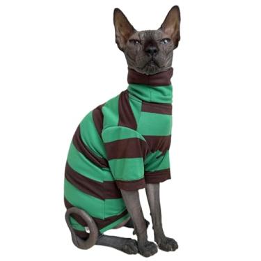 Imagem de Camiseta vintage listrada Sphynx para gatos sem pelos de algodão gola rolê roupas para animais de estimação camisetas com mangas para gatos Sphynx (listra verde marrom larga, pequena)