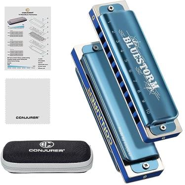 Imagem de CONJURER Gaita Blues para crianças, adultos, iniciantes, 10 furos, gaita diatônica em G Key Palhetas de bronze fósforo bronze Deluxe Boca Órgão Blues Harpa com estojo, Chave de G Azul