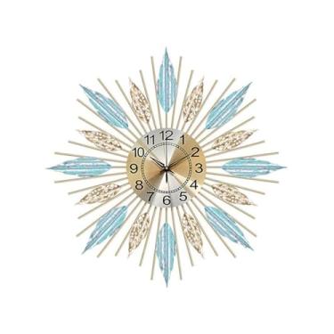 Imagem de Relógios de Parede Relógio de parede de metal de meados do século, decoração de parede-mostrador dourado com forma geométrica de folha azul-grande decoração starburst Decoração (Size : 68cm)