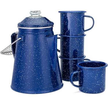 Imagem de COLETTI Conjunto clássico de esmalte cafeteira e canecas — A cafeteira de acampamento mais nostálgica, agora modernizada [esmalte azul, cafeteira de 12 xícaras e conjunto de 4 canecas]