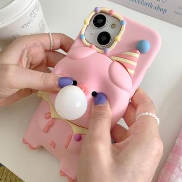 Imagem de YWYUHE Capa de celular Pink Pig compatível com iPhone 13/14, linda capa macia de silicone de desenho 3D porquinho engraçado animal soprando bolhas à prova de choque