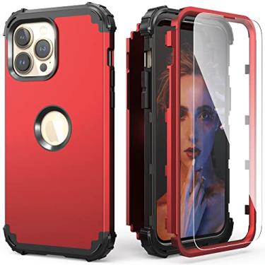 Imagem de IDweel Capa para iPhone 15 Pro Max com película de vidro temperado, 3 em 1, à prova de choque, fina, híbrida, resistente, capa de policarbonato rígido, de silicone macio, resistente, amortecedor, capa inteira, vermelha