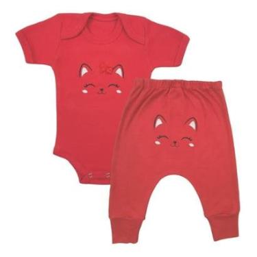 Imagem de Conjunto Body Manga Curta Bordado Gatinha e Calça Suedine Mijão Culote - Roupa Bebê Menina-Feminino