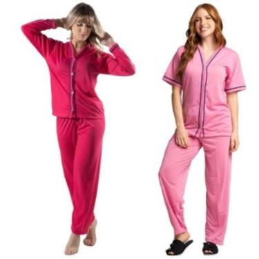 Imagem de Combo Pijamas Americanos Bloqueira Manga Curta e Longo Vekyo Amamentação Aberto Botão Linha Noite-Feminino