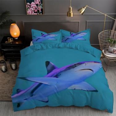 Imagem de Jogo de cama com estampa de tubarão Queen, azul, conjunto de 3 peças para decoração de quarto, capa de edredom de microfibra macia, 224 x 233 cm e 2 fronhas, com fecho de zíper e laços