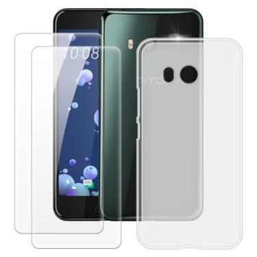 Imagem de MILEGOO Capa HTC U11 + 2 peças protetoras de tela de vidro temperado, à prova de choque, capa de TPU de silicone macio para HTC U11 (5,5 polegadas) branca