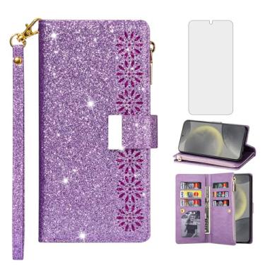 Imagem de Capa de telefone para Samsung Galaxy S24 Plus S24+ 5G Capa carteira com protetor de tela de vidro temperado alça de pulso Bling Glitter Flip Zipper Suporte para cartão de crédito S24plus 24S + S 24