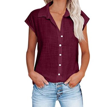 Imagem de Camiseta feminina de linho de cor sólida, manga cavada, gola V, abotoada, camiseta de verão folgada, Vermelho, M